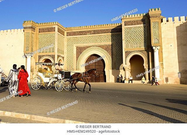 Morocco, Meknes Tafilalet Region, Meknes, Imperial City, medina listed as World Heritage by UNESCO, horse-drawn carriage in front of Bab El Mansour Gate between...