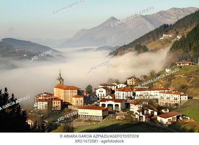 Panoramic view on a foggy morning in Regil, Guipuzcoa, Basque Country, Spain