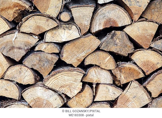 Close-up of a stack of Firewood - Strathcona Park Lodge in Strathcona Provincial Park, near Campbell River, Vancouver Island, British Columiba, Canada
