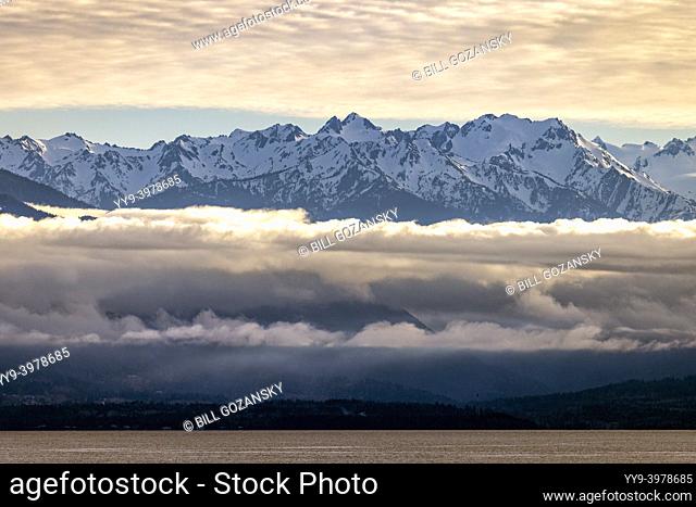 View of the Olympic Mountains in Washington State from Saxe Point Park in Esquimalt - Victoria, Vancouver Island, British Columbia, Canada