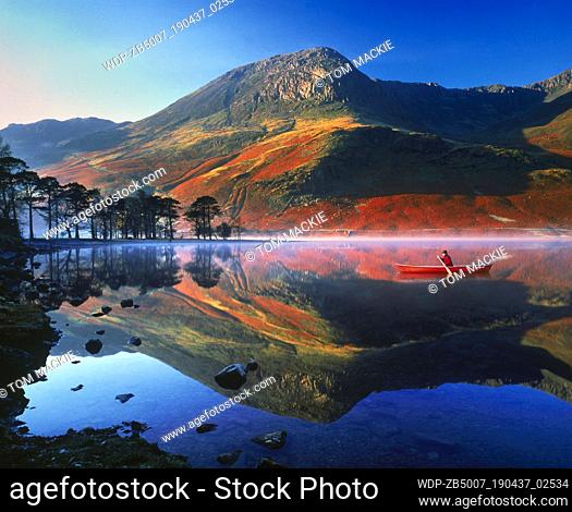 Canoeist on Lake Buttermere, Lake District National Park, Cumbria, England