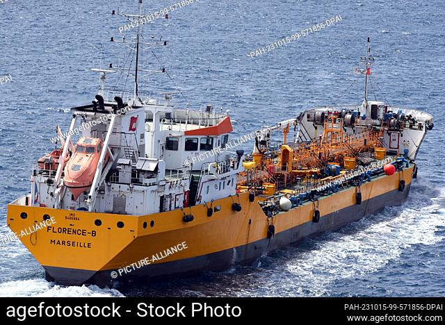 13 July 2023, France, Marseille: The Chemical/Oil Products tanker ""Florence"" sails in the port area of Marseille (France)