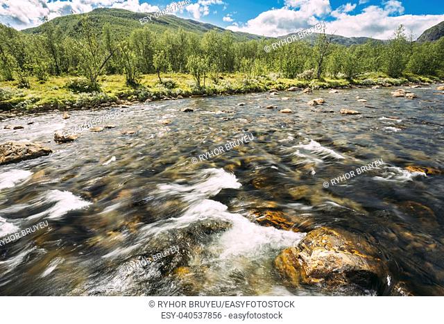Norway Nature River. Sunny Summer Day, Landscape With Mountain, Pure Cold Water River, Pond