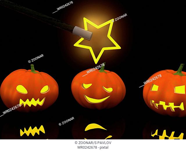 three halloween pumpkins with magic wand. 3d