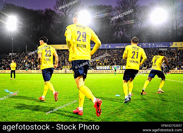 Union's Cameron Puertas Castro, Union's Gustaf Nilsson, Union's Alessio Castro-Montes and Union's Amani Lazare pictured warming-up before the second half of a...