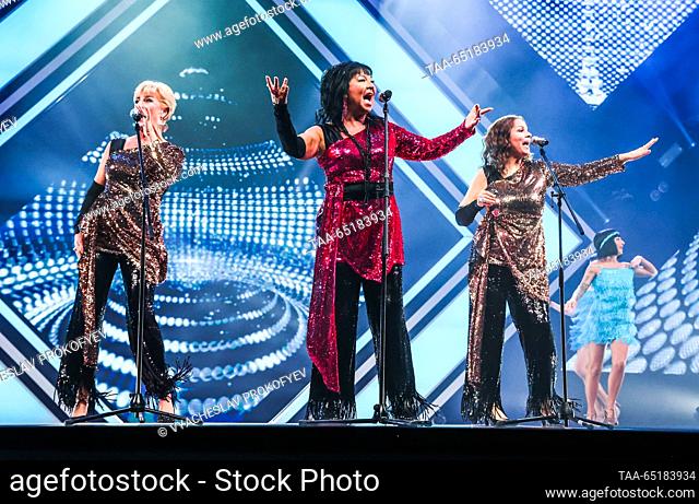 RUSSIA, MOSCOW - NOVEMBER 25, 2023: The Arabesque trio perform at the Retro FM Legends Festival at VTB Arena. The concert features golden disco hits by Russian...