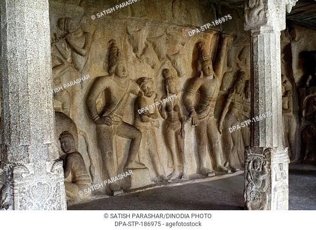 Carving at Krishna Mandapam Mahabalipuram Tamilnadu India Asia