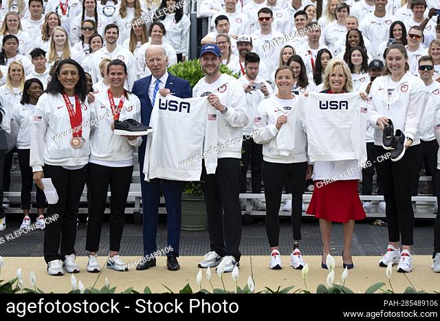 United States President Joe Biden and first lady Dr. Jill Biden receive gifts from members of Team USA during a ceremony celebrating their participation in the...