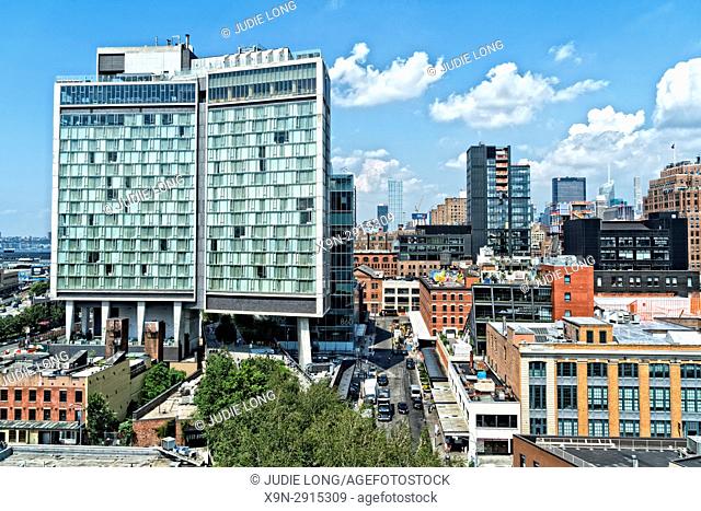 New York City, Manhattan, Meat Packing District. Looking Northeast at the Meat Packing District, Standard Hotel over the High LIne on the Left