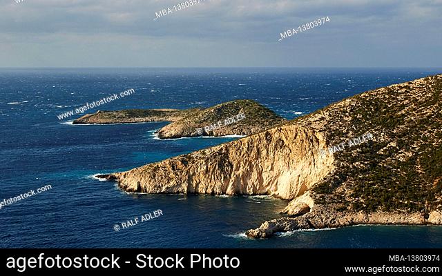 Ionian Islands, Zakynthos, west coast, Adriatic Sea, beach, harbor, Porto Vromi, view of steep coast, islands in the background, sea with swell