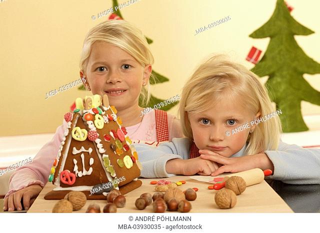 advent, girl, two, gingerbread-house, handicrafts