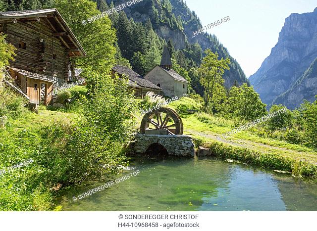 Calfeisental, St. Martin, village, water, SG, canton St. Gallen, waterwheel, Switzerland, Europe, chapel