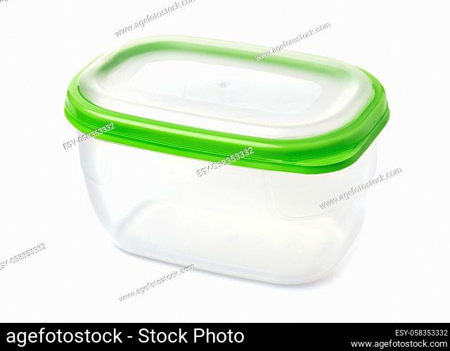 Food plastic storage container with green lid isolated on white