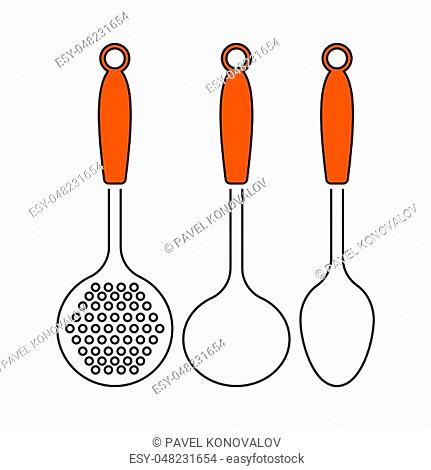 Ladle Set Icon. Thin Line With Orange Fill Design. Vector Illustration