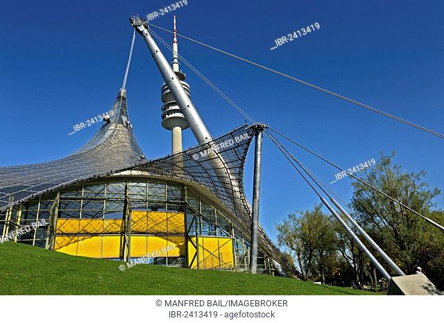 Pavilion-roof of the Olympic Hall and the television tower, Munich, Bavaria, Germany, Europe