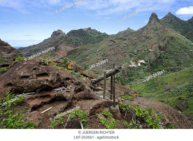 Wine press and mountain village Afur in the background, Barranco de Afur, Parque Rural de Anaga, Tenerife, Canary Islands, Spain, Europe
