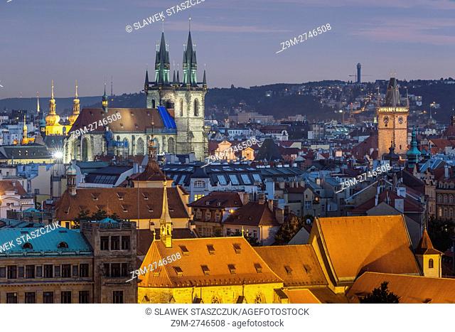 Night falls over Prague old town, Czech Republic. Our lady before Tyn church dominates the skyline