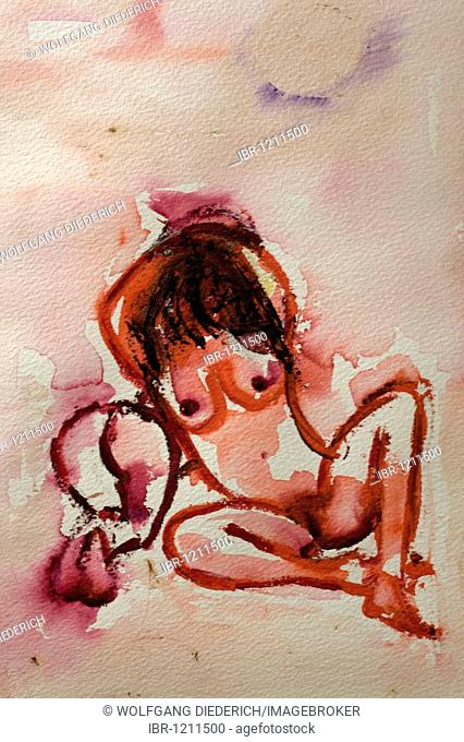 Red nude painting, by the artist Gerhard Kraus, Kriftel, Germany