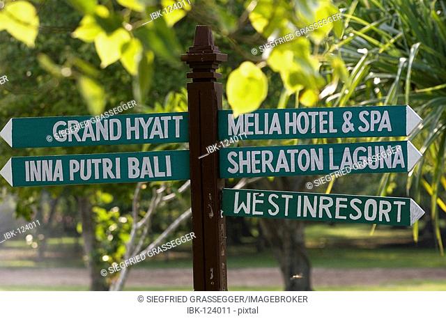 Signboards direction of the hotels Grand Hyatt an Sheraton, beach of Nusa Dua, Bali, Indonesia