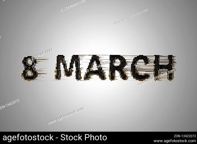 Glitch 8 March symbol. Figure of eight made of black gold city blocks isolated over gray background. Can be used as a decorative greeting grungy or postcard for...