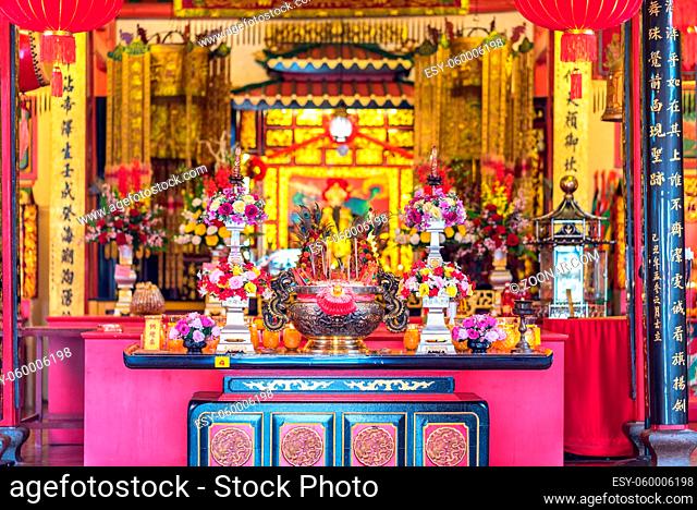 Altar and shrine of the Hiang Thian Siang Ti Temple in the Carpenter street of Kuching, Malaysia. The temple, build 1884 serves the Teochew congregation as a...