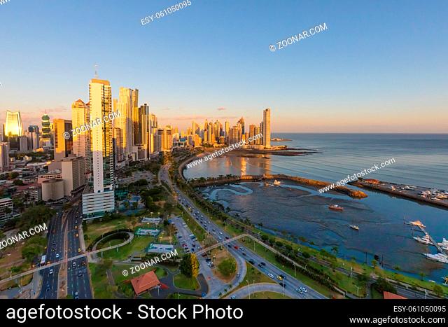 Panama city Panama January 2019 Sunset on Panama city Balboa Avenue and Punta Paitilla. This is a modern aerea full of commercial activities where richest...