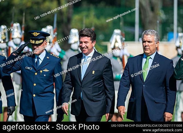 Minister of Defense Diego Molano (Left) and President of Colombia Ivan Duque Marquez (Right) during an event where Colombia's president Ivan Duque Marquez and...