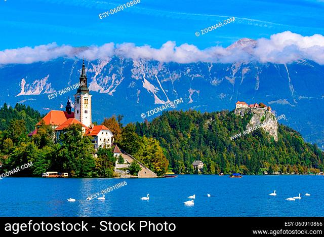 Bled Island on Lake Bled, a popular tourist destination in Slovenia