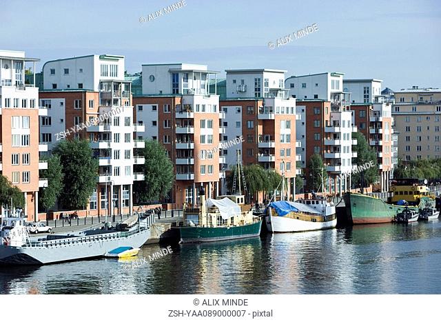 Sweden, Sodermanland, Stockholm, waterfront apartment buildings