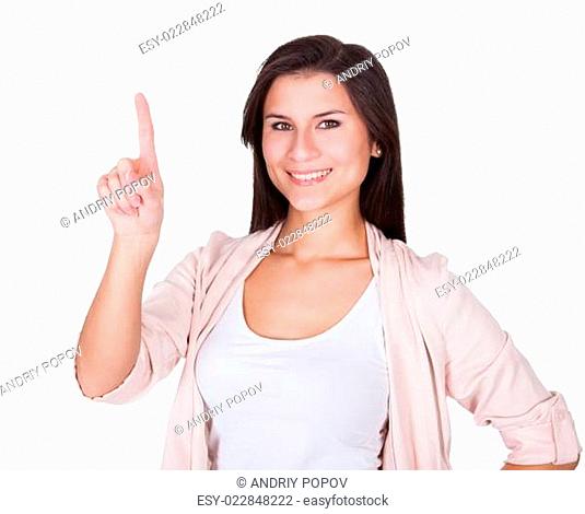 Beautiful Caucasian young woman pointing