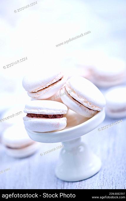 sweet macaroons on the white table, fresh macaroon cookies