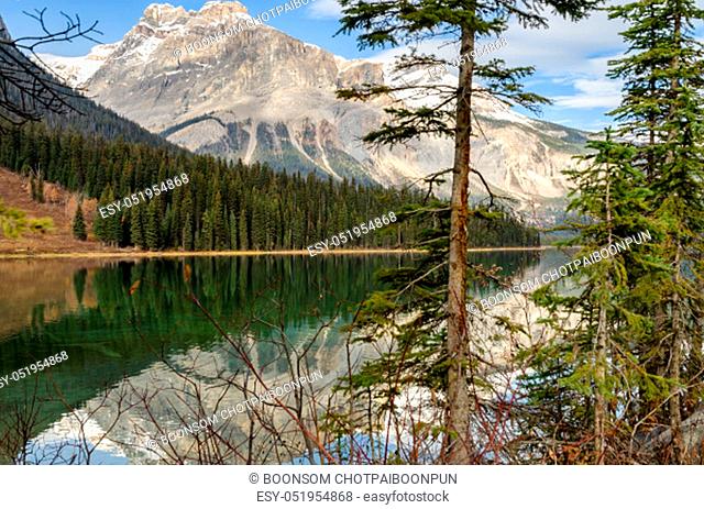 Early winter view of Emerald Lake with Rocky mountain reflection in Yoho National Park, British Columbia, canada