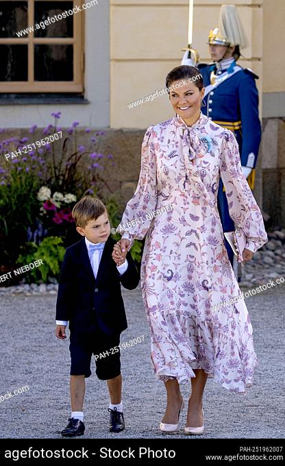 Crown Princess Victoria and Prince Oscar of Sweden leave at the chapel of Drottningholm Palace in Stockholm, on August 14, 2021