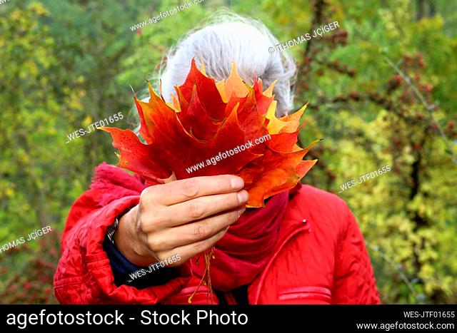 Mature woman with white hair holding autumn leaves in forest