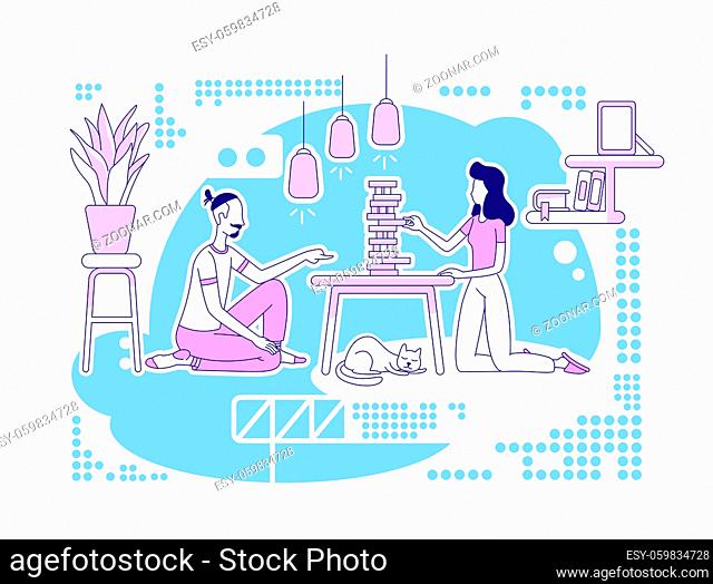 Playing board game flat silhouette vector illustration. Man and woman stay at home and build tower from blocks. Couple outline characters on blue background