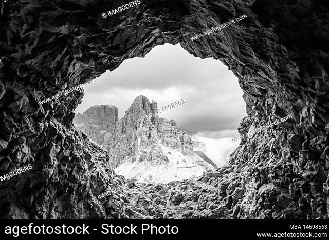 View out of a loophole of the Mount Lagazuoi tunnels, built during the First World War, the Dolomite Alps in South Tirol