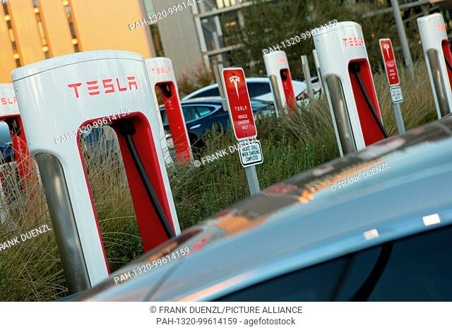 Tesla Supercharger station stalls at the Qualcomm parking lot in Sorrento Valley, where many high tech, biotech, and IT companies are located, in Febuary 2018