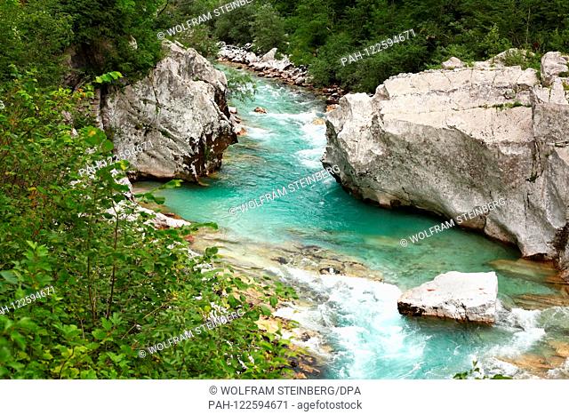 The river Soca near Kobarid village in Slovenia, pictured on July 08, 2019. Photo: Wolfram Steinberg/dpa | usage worldwide. - Kobarid/Slovenia