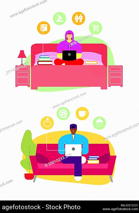 Teenagers on sofa using laptops for different functions