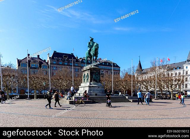 Malmo, Sweden - April 20, 2019: King Karl X Gustav Statue on the Stortorget square in the historic city centre