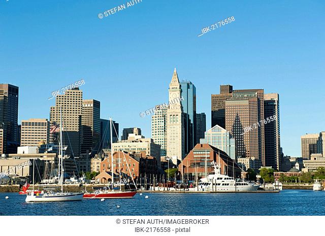 Skyline with Custom House Tower, Financial District, Long Wharf, view from Boston Harbour, Boston, Massachusetts, New England, USA, North America