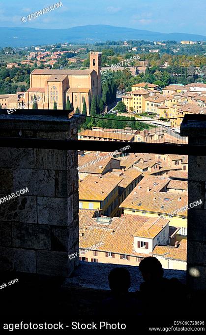 Siena from the Campanile del Mangia, Basilica San Domenico, roofs, landscape