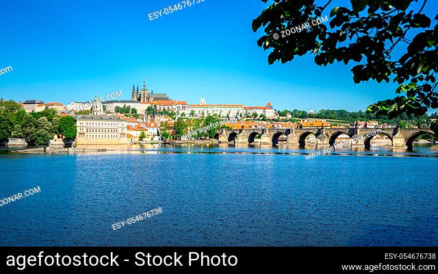 Vltava River with view of Prague skyline in Czech Republic