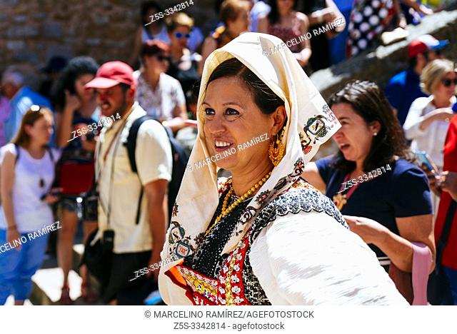 Women dressed in the typical costume of Lagartera during the procession of Corpus Christi. Lagartera, Toledo, Castilla - La Mancha, Spain, Europe