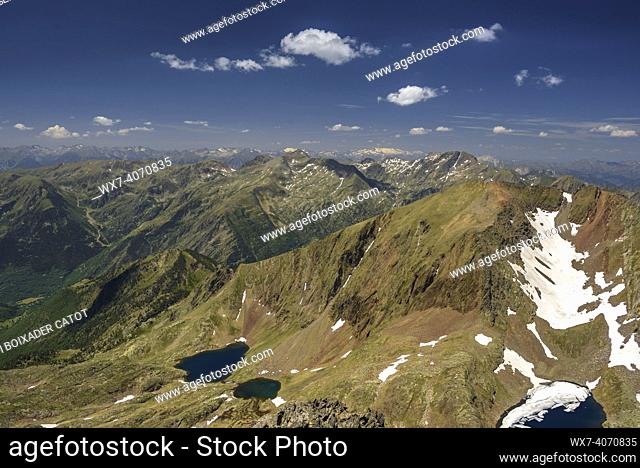 Pyrenees mountains seen from the summit of Pic de Certascan in summer (Alt Pirineu Natural Park, Catalonia, Spain, Pyrenees)
