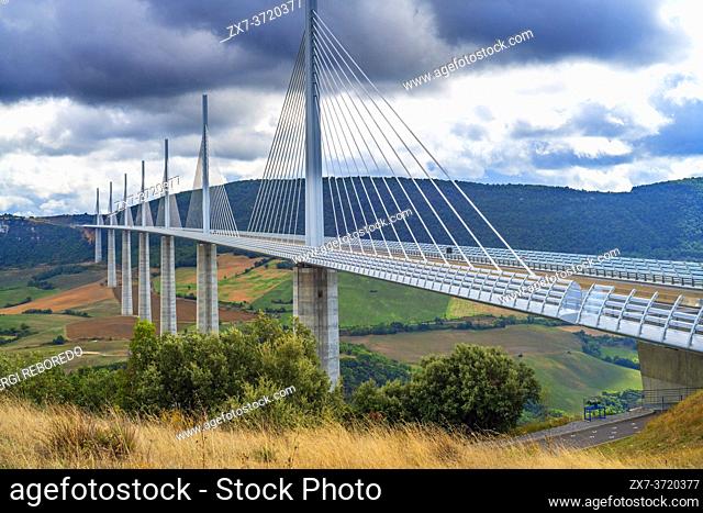 Aerial view Millau viaduct by architect Norman Foster, between Causse du Larzac and Causse de Sauveterre above Tarn, Aveyron, France