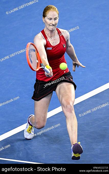 Belgian Alison Van Uytvanck pictured in action during a tennis match against Australian Sanders, match one of the tie between Belgium and Australia in the group...