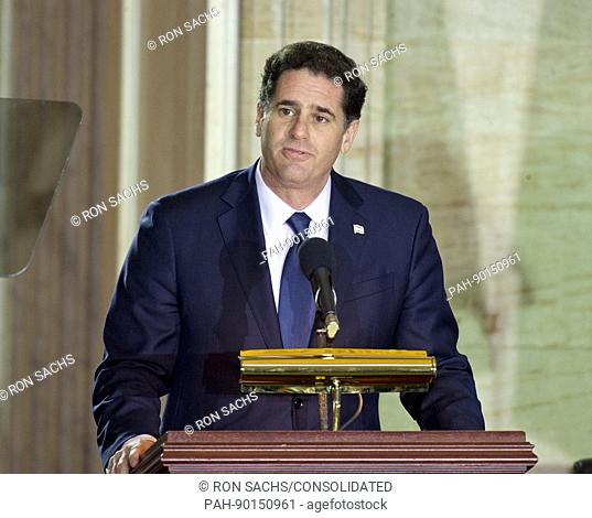 The Ambassador of Israel to the United States, Ron Dermer, makes remarks prior to US President Donald J. Trump speaking at the National Commemoration of the...