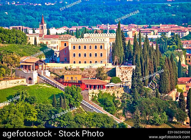 Verona. Castel San Pietro on picturesque green hill in historic city of Verona view, Veneto region of Italy