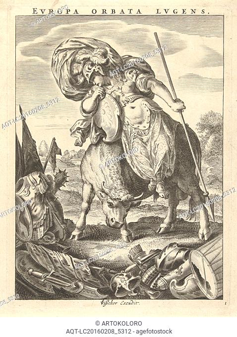 Female personification of the continent of Europe represented as a woman in armor on bull, Cornelis van Dalen (II), Claes Jansz